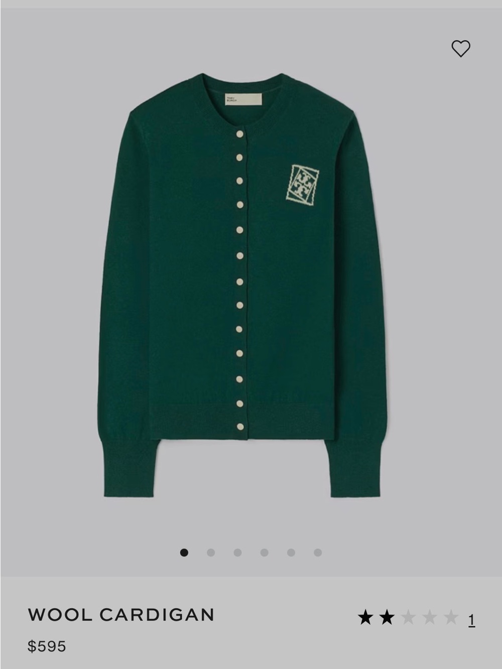 Tory Burch Dark Green Wool Crewneck Cardigan with Logo Patch